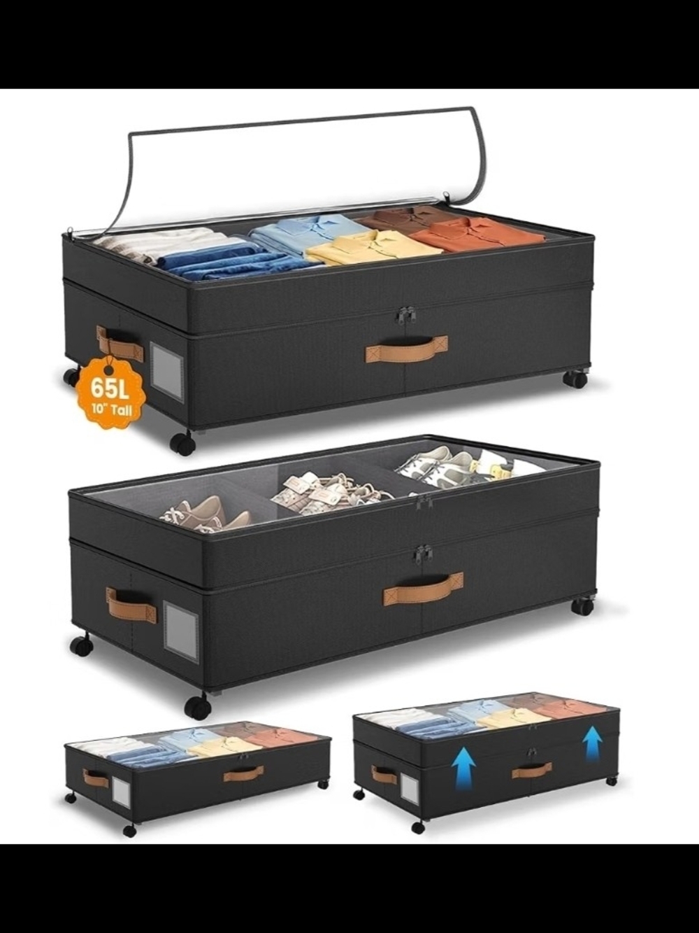 Underbed Storage Organizer with Zippered Lid and Leather Handles, Black - Picture 6 of 7